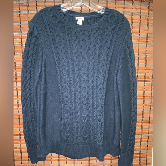 Women’s L.L. Bean Double L Classic Navy Cable Crewneck Knit Sweater Size L EUC - Picture 1 of 8